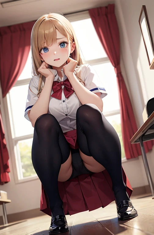 (((best image quality、8K、woman)))、((high school girl、Sex、cute、beautiful girl))、((wearing a uniform、flipping up the skirt、pantsが見えてる)、lewd、pants、panties、Flipping up the skirt with your own hands、Facing the front and looking down、Grabbing a skirt with your own hands、random、squat、