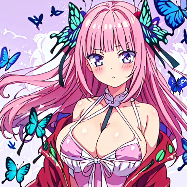 best quality, very aesthetic, Super detailed, best illustration, 1girl, おっぱい, bangs, pink_hair, blunt_bangs, hair_ornament, butterfly_hair_ornament, one-piece swimsuit