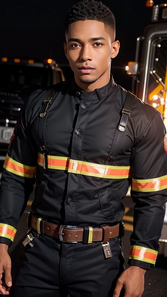 Australia man, ((30s young firefighter man)), (Lovely erotic black men of beautiful body, perfect handsome and beautiful face:1.3),((shirtless and wear fireman's jacket :1.2)), wear a firefighter's uniform, skinny muscles, abs, top 100 handsome man in the world, bright lights, the background of the fire engine and fire department, Real 8000k professional dslr photo portrait of olpntng style, hauntingly surreal,rich Delicate colors, highly detailed, trending on cgsociety,trending on artstation, gloss, by artgerm, heavy strokes,sharp focus,emitting diodes, a real-life image, big eyes, ultra intricate details, sdxl, sfw, a thick silhouette on the outside of the pants,full of masculinity, uhd picture, clear image, close up,