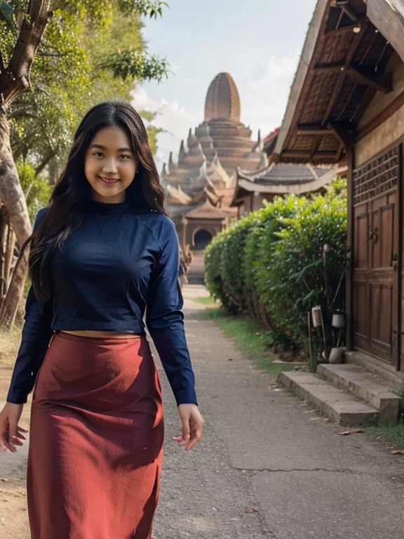 ရင်ဖုံး

a beautiful girl with cute dimples, smiling, wearing burmese dress, walking in Bagan's street, ACMM LS OUTFIT, WEARING ACMM TOP (dark blue atom)--(red atom)- ACMM TOP; LONG SLEEVES, WEARING ACMM LONG SKIRT,(dark blue atom)--(red atom)- ACMM LONG SKIRT, PRINTED SKIRT OUTDOORS, SCENERY, TRADITIONAL MEDIA, SKY, DAY, PHOTO BACKGROUND, REAL WORLD LOCATION, ARCHITECTURE, NATURE, RUINS LANDSCAPE, BAGAN ANCIENT PAGODA BACKGROUND