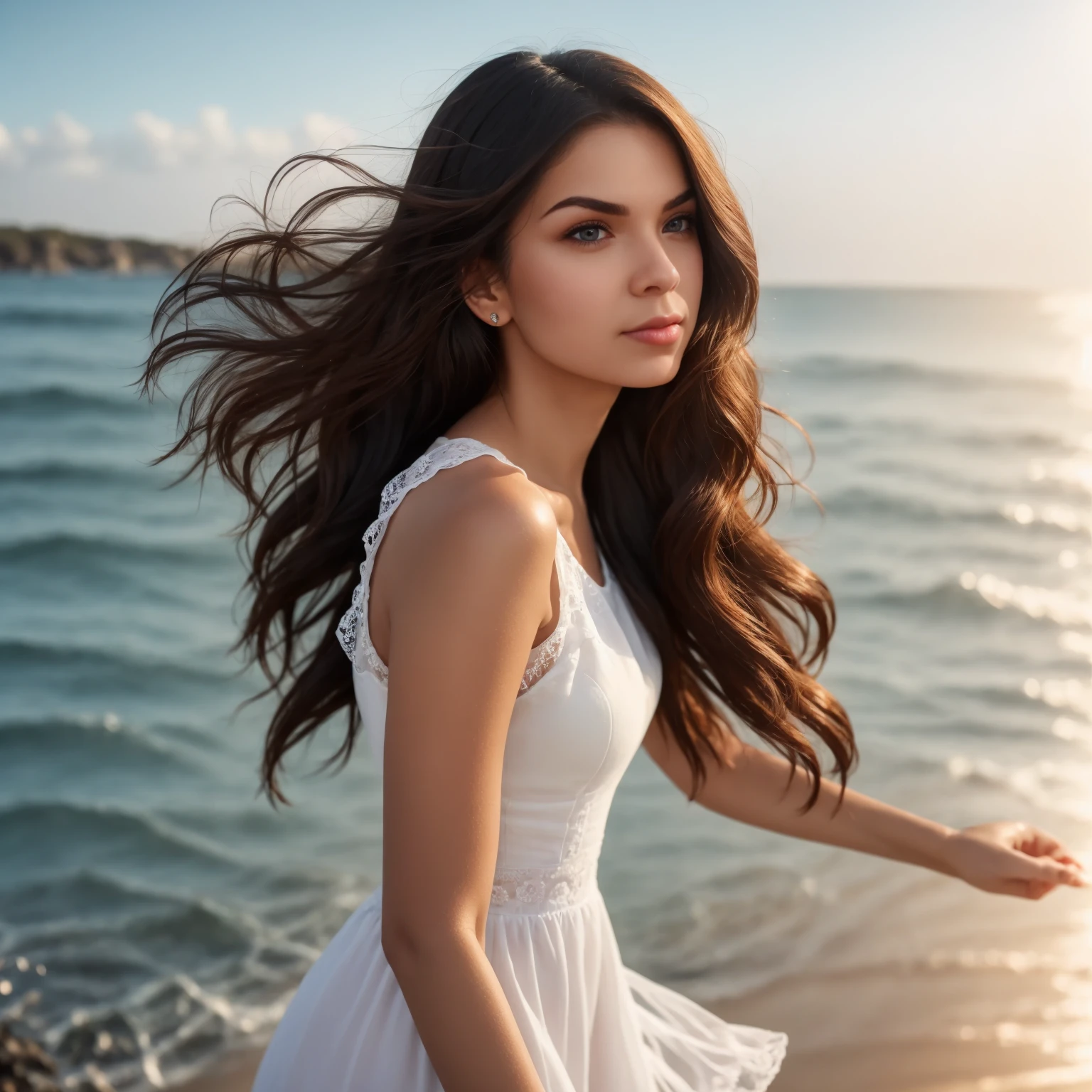 1girl,kawaii,detailed face,looking at viewer,focused,masterpiece,best quality, highres,8k,intricate,elegant,highly detailed,dynamic lighting BREAK long hair flows gracefully in the gentle sea breeze,the fading sunlight casts a warm, ethereal glow on the scene. She is wearing a flowing, light-colored dress that ripples in the wind. The waves gently kiss the shore in the background, and there's a sense of tranquility in the air. The overall atmosphere should evoke a feeling of serenity and beauty