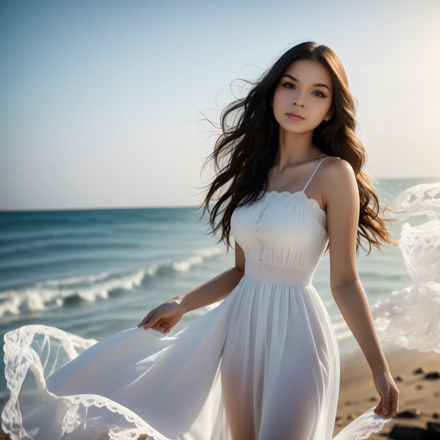 1girl,kawaii,detailed face,looking at viewer,focused,masterpiece,best quality, highres,8k,intricate,elegant,highly detailed,dynamic lighting BREAK long hair flows gracefully in the gentle sea breeze,the fading sunlight casts a warm, ethereal glow on the scene. She is wearing a flowing, light-colored dress that ripples in the wind. The waves gently kiss the shore in the background, and there's a sense of tranquility in the air. The overall atmosphere should evoke a feeling of serenity and beauty
