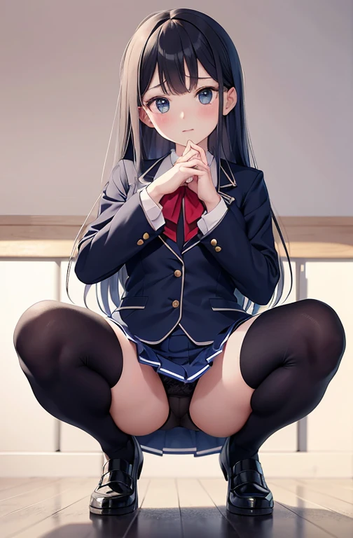 (((best image quality、8K、woman)))、((high school girl、Sex、cute、beautiful girl))、((wearing a uniform、flipping up the skirt、pantsが見えてる)、lewd、pants、panties、Flipping up the skirt with your own hands、Facing the front and looking down、Grabbing a skirt with your own hands、random、squat、