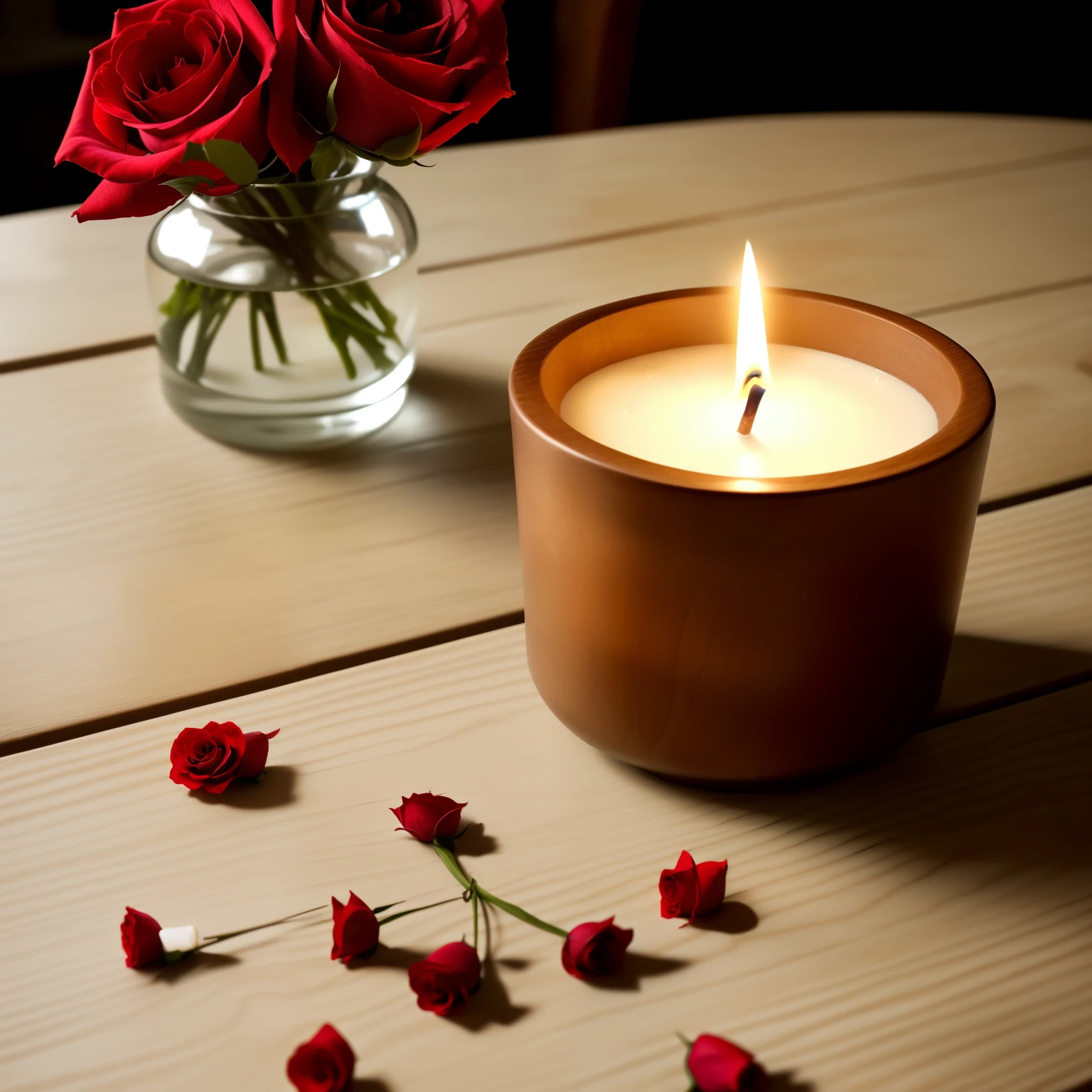 there is a candle and a vase of roses on a table, the candle is on a wooden table, candle lit, candle, natural candle lighting, candle wax, cozy candlelight, candlelit, candle light, candlelight, romantic atmosphere, Beautifully Lit, romantic mood, Photographed with Sony α7R camera, detailed surroundings, Romantic environment, candles, warm glow