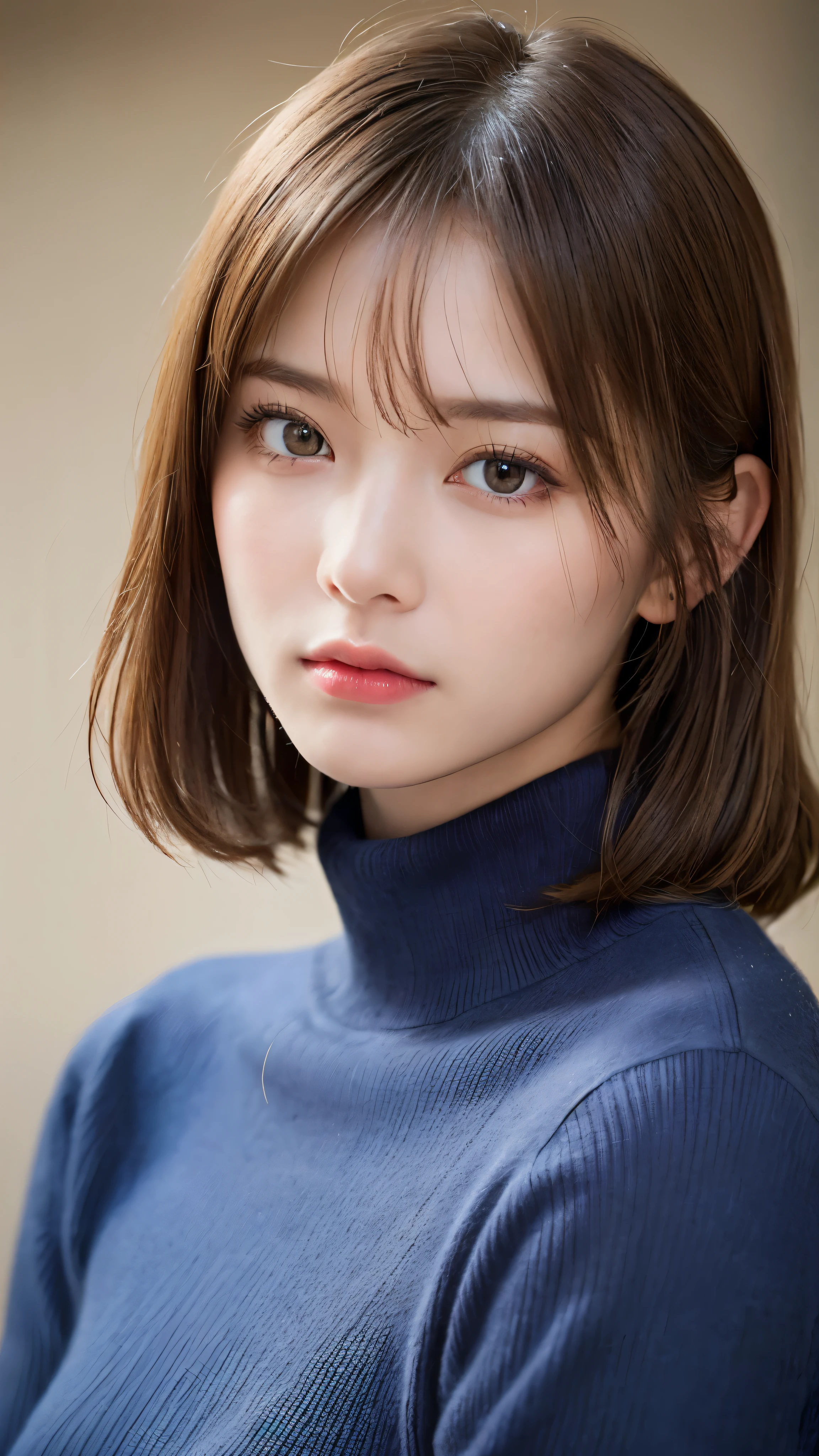 (masterpiece:1.5)、(realistic:1.5)、(highest quality:1.4、8K、RAW photo)、
ultra high resolution、professional lighting、perfect dynamic composition、indoors、
film grain、chromatic aberration、(Bokeh:1.1)、
Frank、Sophisticated、Charm、surreal、high detail、golden ratio、
(1 girl)、slender girl、繊細でCharm女の子、cute woman:1.4、
serious expression、looking at the viewer、
light brown hair、shining hair、Random cute hairstyles、
skin that looks real、
close your mouth、fine eyes、double eyelid、thin arms、
(wearing a navy blue turtleneck sweater)