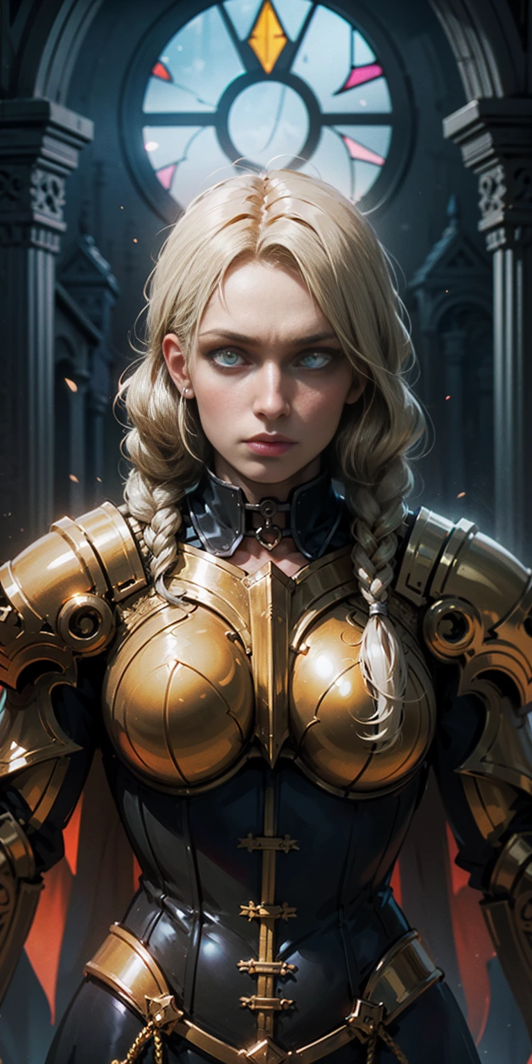 upper body of paladin lady in ornate golden armor, black collar, pauldrons, breastplate, corset, glowing halo, single braid, blonde, yellow glowing eyes, bright pupils, eye focus, red cape, temple indoors, stained glass windows, night, moonlight, particles, light beam, chromatic aberration