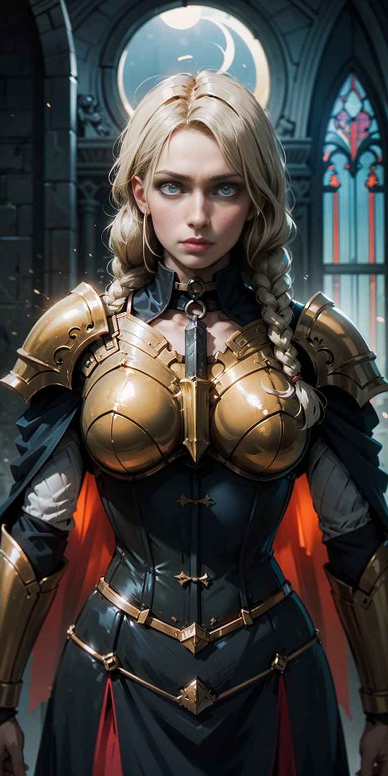 upper body of paladin lady in ornate golden armor, black collar, pauldrons, breastplate, corset, glowing halo, single braid, blonde, yellow glowing eyes, bright pupils, eye focus, red cape, temple indoors, stained glass windows, night, moonlight, particles, light beam, chromatic aberration