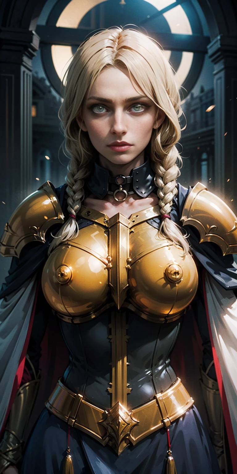 upper body of paladin lady in ornate golden armor, black collar, pauldrons, breastplate, corset, glowing halo, single braid, blonde, yellow glowing eyes, bright pupils, eye focus, red cape, temple indoors, stained glass windows, night, moonlight, particles, light beam, chromatic aberration