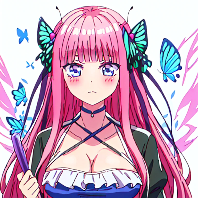 best quality, very aesthetic, Super detailed, best illustration, 1girl, おっぱい, bangs, pink_hair, blunt_bangs, hair_ornament, butterfly_hair_ornament, one-piece swimsuit