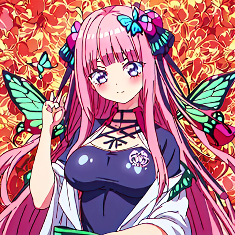 best quality, very aesthetic, Super detailed, best illustration, 1girl, おっぱい, bangs, pink_hair, blunt_bangs, hair_ornament, butterfly_hair_ornament, one-piece swimsuit
