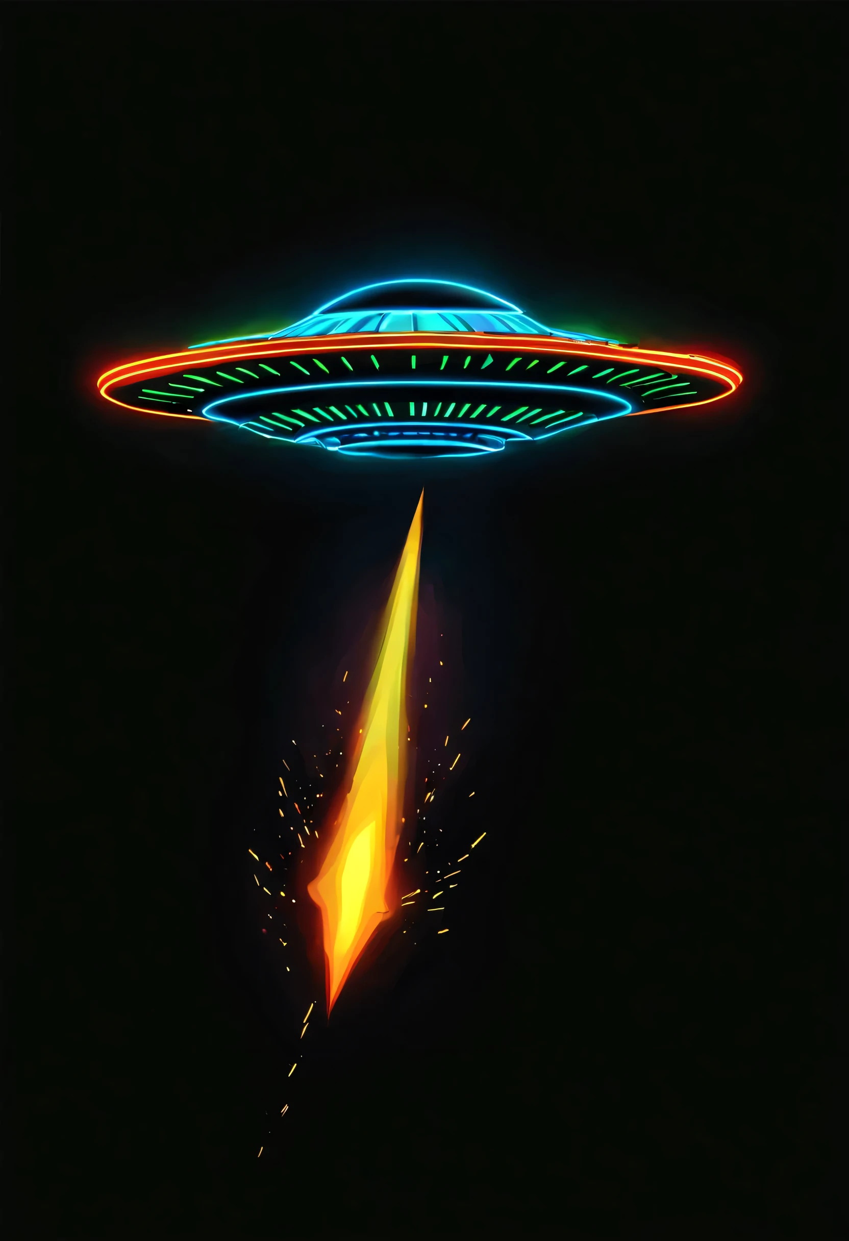 simple vector graphic of a neon UFO blasting off on a solid black background --no antenna --ar 8:17 --s 750 --v 6.0 --style raw