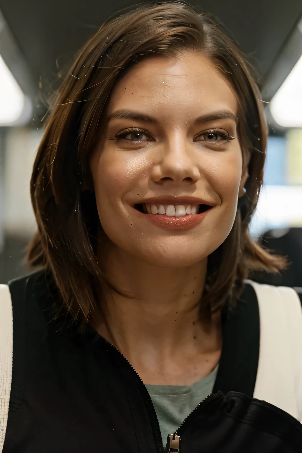 Imagem linda e fiel de Maggie do seriado The walking dead (Lauren Cohan), she's looking forward, olhos lindos expressivos e detalhados, olhar fixo e penetrante, imagem EXTREMAMENTE detalhada, 8k, Filmes, she is happy, she has a smile with her lips, she smiles until the corners of her mouth, Red lips, red lipstick on lips, ela usa roupa fiel a da Maggie. She is inside a curved concrete structure (tunnel) and highly dystopian, com luz solar refletindo por dentro. Ela usa uma bota militar. She is standing with her hands on her hips, imagem de corpo inteiro