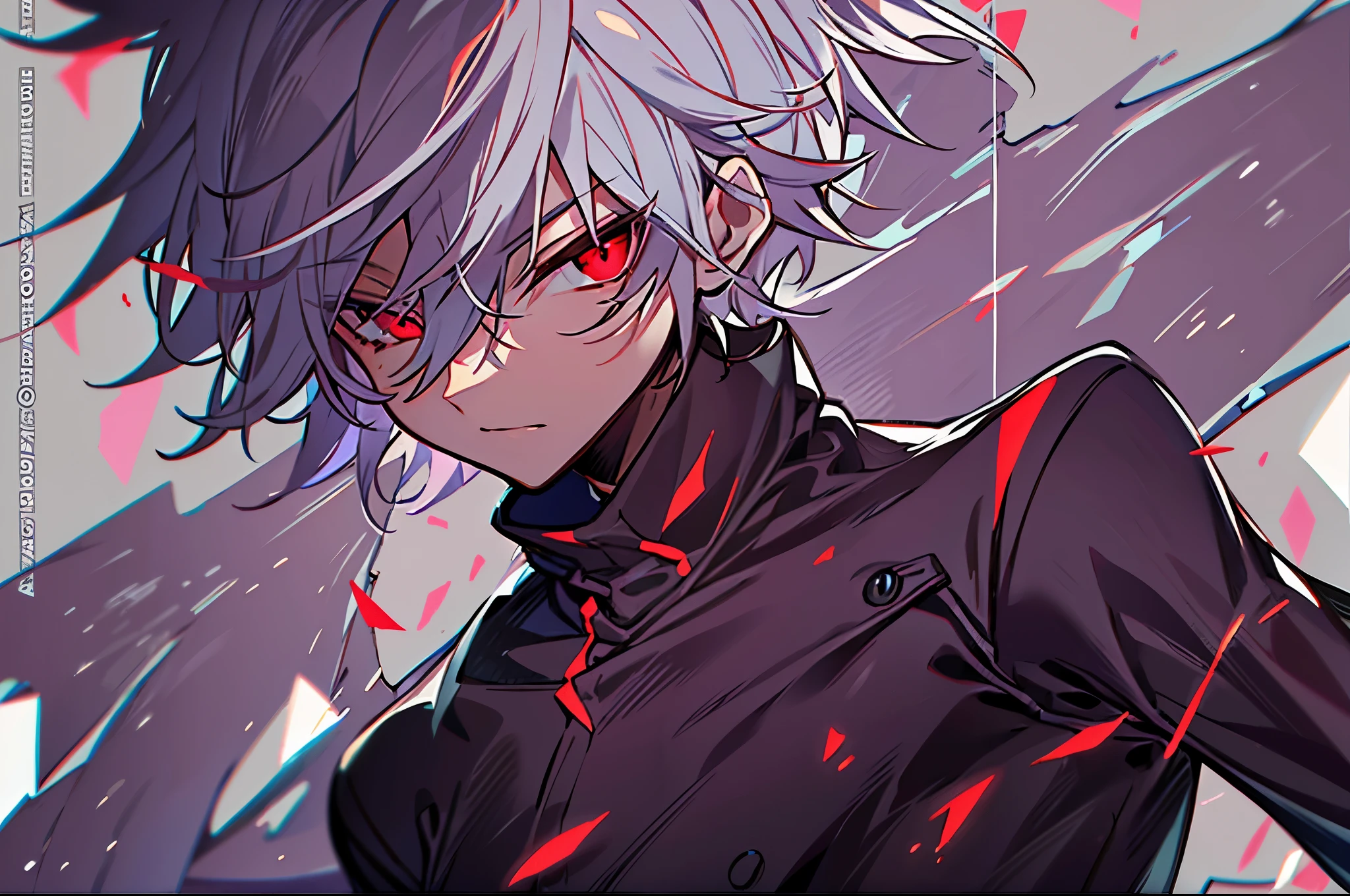 hight resolution,Anime boy with white hair and red eyes staring at camera, red eyes,slim, dressed in a black outfit,Shadow Body,Brown skin,monochromes,hair messy,Diagonal angle
