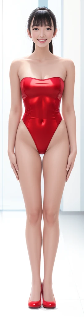 On a white background,A tall and beautiful Chinese girl,with fair skin,Toothy smile,A big smile,When you laugh, Your eyes are crescent-shaped,blunt bangs, long straight hair,Wear a one-piece swimsuit and pumps,Swimsuits are decorated with joyful patterns, Stand up straight,Stand upright,hands on sides,Symmetrical distribution,Ray tracing,All shaded areas,No windows, Soft lighting, Warm light, flood light, no lights on the top, Studio light, 1.4x Realistic Ultra HD