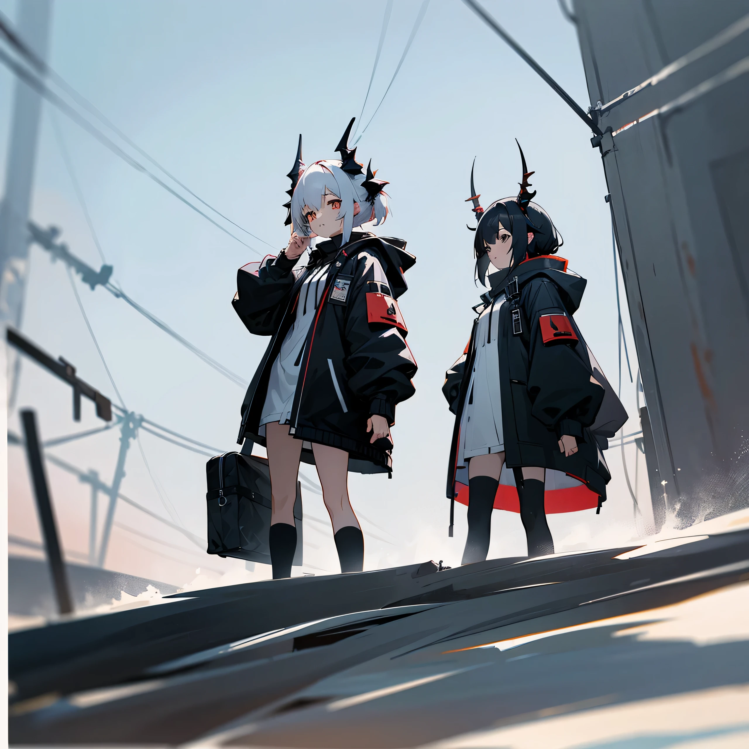 1girl, jacket, outdoor, hoodie, open jacket, chain,cute, kawai, looking at another, trending on artstation, 8k resolution, highly detailed, anatomically correct, sharp image, digital painting, concept art, trending on pixiv, soft femenine colors ,monocromatic colors, black and white, attractive aspect, hot look, arknights looks, arknights anime, ram horns