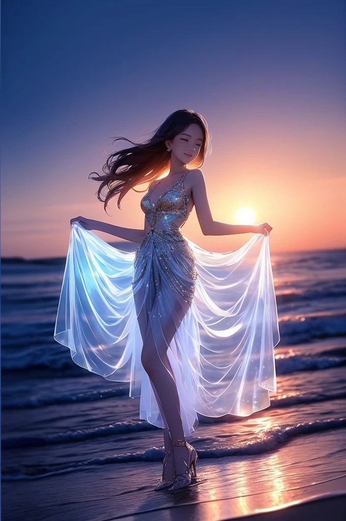 Best AI Image Generation Creator、master piece, expensive、expensive品質, movie stills, One woman,golden hair,Beautiful sunset, floating in the sky,(Close-up: 1.1),look up at the sky、 colorful, transparent body,Sparkling,full body esbian,green skirt,blue skirt,transparent clothes、Special and elegant styling,elegant pose, professional lighting, elaborate details