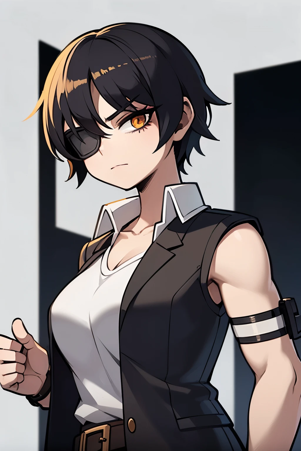 Anime style image of a girl with short black hair, she has an eyepatch covering her left eye, she is muscular, and her right arm is wrapped in white bandages and she wears a schoolgirl uniform. Her arm is bandaged.