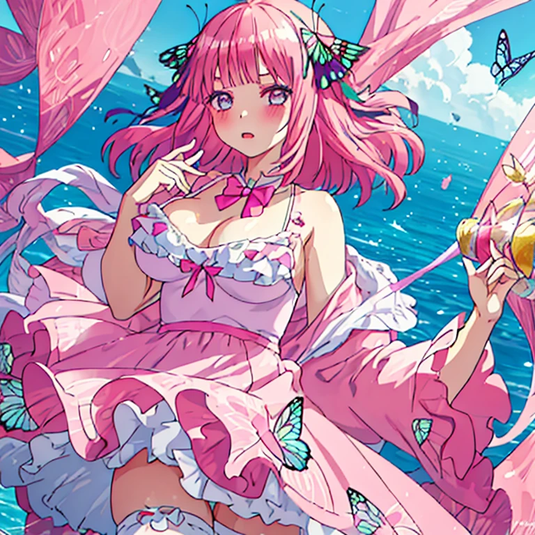 best quality, very aesthetic, Super detailed, best illustration, 1girl, おっぱい, bangs, pink_hair, hair_ornament, butterfly_hair_ornament, one-piece swimsuit