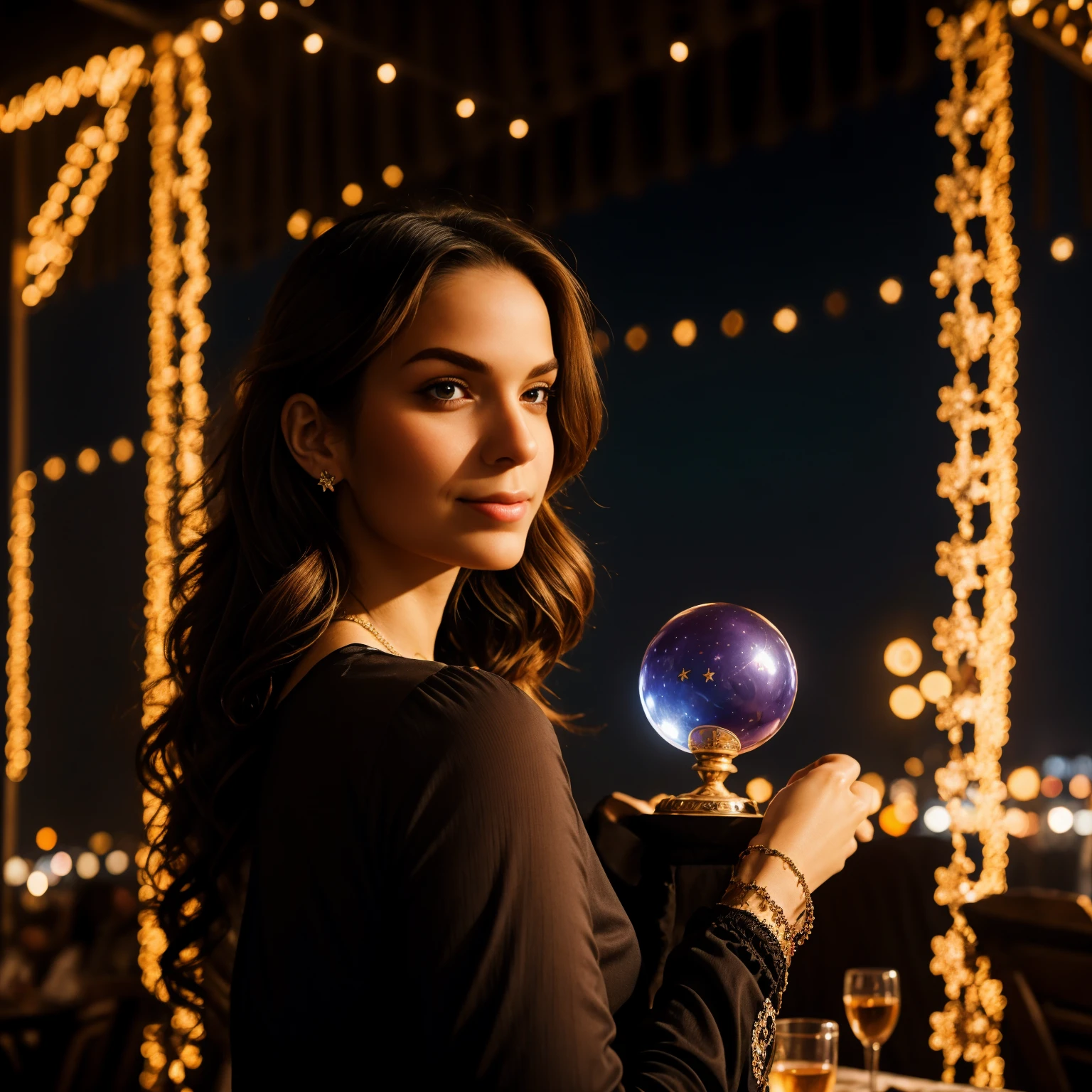 (masterpiece, top quality, best quality, official art, beautiful and aesthetic:1.2), (1girl:1.3), wavy long hair, light purple hair, extremely detailed, portrait, looking at viewer, solo, (full body:0.6), detailed background, close up, glowing eyes, (cold arctic winter theme:1.1), fortune teller, charlatan, smirk, mysterious, sitting at table, colorful shoulderless loose gypsy fortune teller clothes,      chalice,   tarot cards, crystal ball,  medieval (tent interior:1.1) background, tent curtains in background, dark mysterious lighting, shadows, magical atmosphere, starry night,, dutch angle