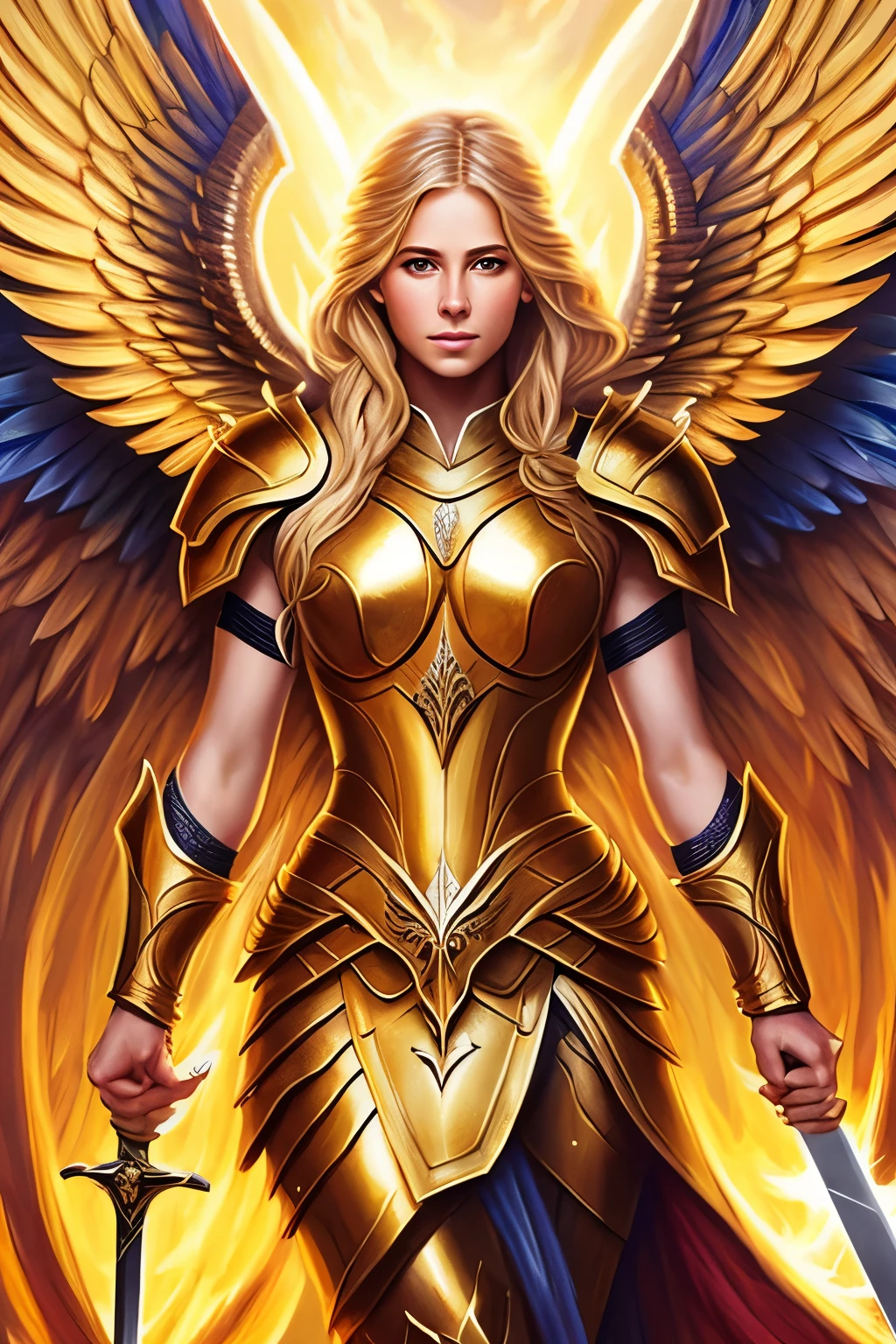 a beautiful divine soldier woman,oil painting,armor,flowing golden hair,ethereal wings,sword,survivor,graceful,majestic,heroic,warrior,goddess,strong,confident,determined,sunlit background,vibrant colors,soft lighting