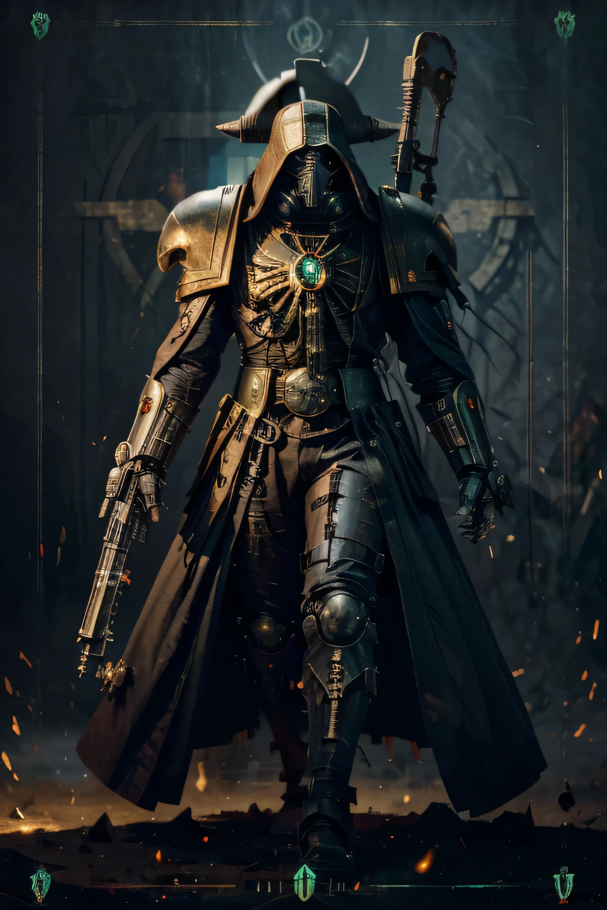 "Create a visually stunning and intriguing artwork that envisions a unique character in the grim and gothic Warhammer 40,000 universe—a fusion of a plague doctor and a tech priest. This enigmatic figure stands as a symbol of both healing and technological augmentation in a world plagued by darkness and war.

Visualize the character wearing a combination of traditional plague doctor attire and tech priest robes, blending the iconic beak mask and long cloak with cybernetic enhancements and intricate mechanical details. The mask should exude an air of mystery, while the robes incorporate technological elements such as glowing symbols and circuitry.

Adorn the character with various tools and devices, reminiscent of both the plague doctor's medical implements and the tech priest's technological gadgets. Imagine cybernetic arms with syringe-like appendages and mecha-enhanced limbs that seamlessly integrate into the overall design.

Place the character in a Warhammer 40,000 setting, perhaps within the sacred halls of a Mechanicus shrine or a desolate battlefield strewn with the remnants of war. The lighting should emphasize the contrast between the character's traditional and technological aspects, casting dramatic shadows on the mechanical and organic fusion.

The color palette should reflect the grimdark atmosphere of the Warhammer 40,000 universe, with muted tones and selective highlights to accentuate the character's unique features.

The overall composition should evoke a sense of both menace and hope, showcasing the dual nature of this hybrid figure—a bringer of healing in a world dominated by decay and a servant of the Omnissiah in the eternal war for survival." highres super detailed