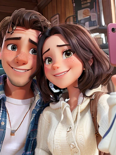 A man and a woman together, smiling, taking a selfie, smiling at camera