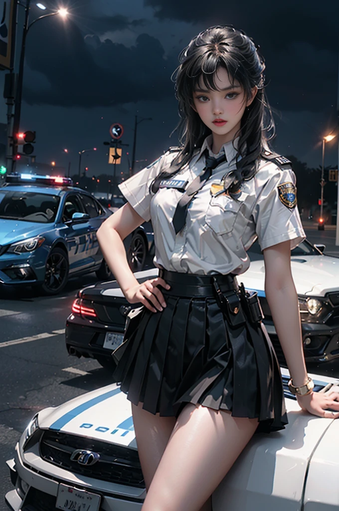 (RAW photo, 4k, masterpiece, high resolution, extremely complex) (realistic: 1.3), cinematic lighting Delicate girl with facial features, oversized, sexy body, protruding and upturned
1 female policeman blue police uniform uniform black wrapped short skirt, handsome action with batons, night scene, movie shot, white skin, panoramic police car next to it