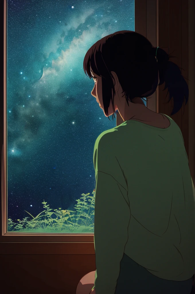 Back view of a pensive girl、looking at the night sky through the window、Ghibli style
