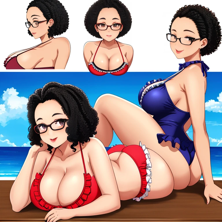 table top, highest quality:1.2),detailed face, Detailed inner corner of the eye、Glasses、Afro、short haired、very short hair、habitual hair、curly hair、Forehead、big breasts, Sexy ass, whole, swimsuit、frills、ribbon