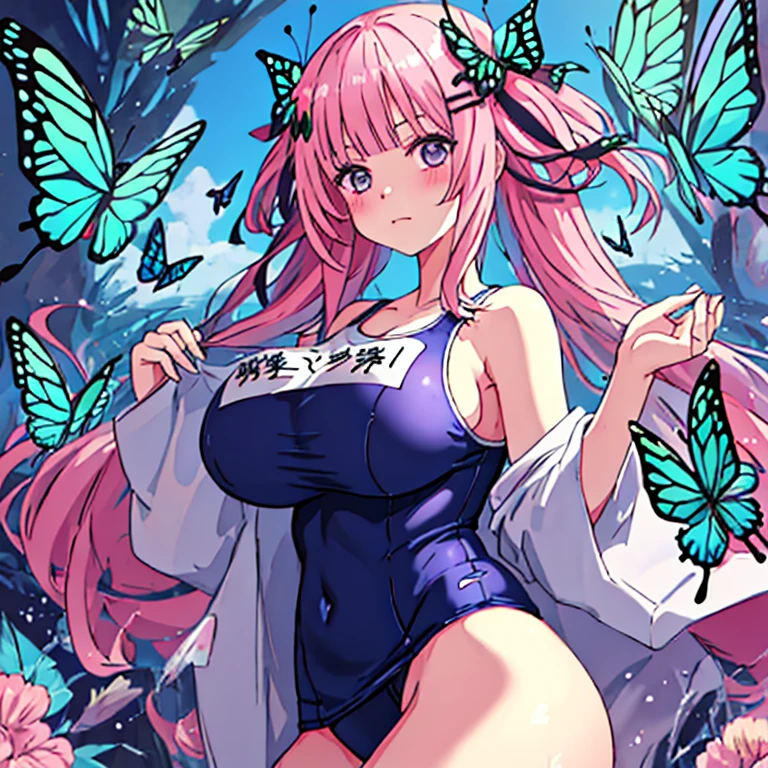 best quality, very aesthetic, Super detailed, best illustration, 1girl, おっぱい, pink_hair, blunt_bangs, butterfly_hair_ornament, school swimsuit