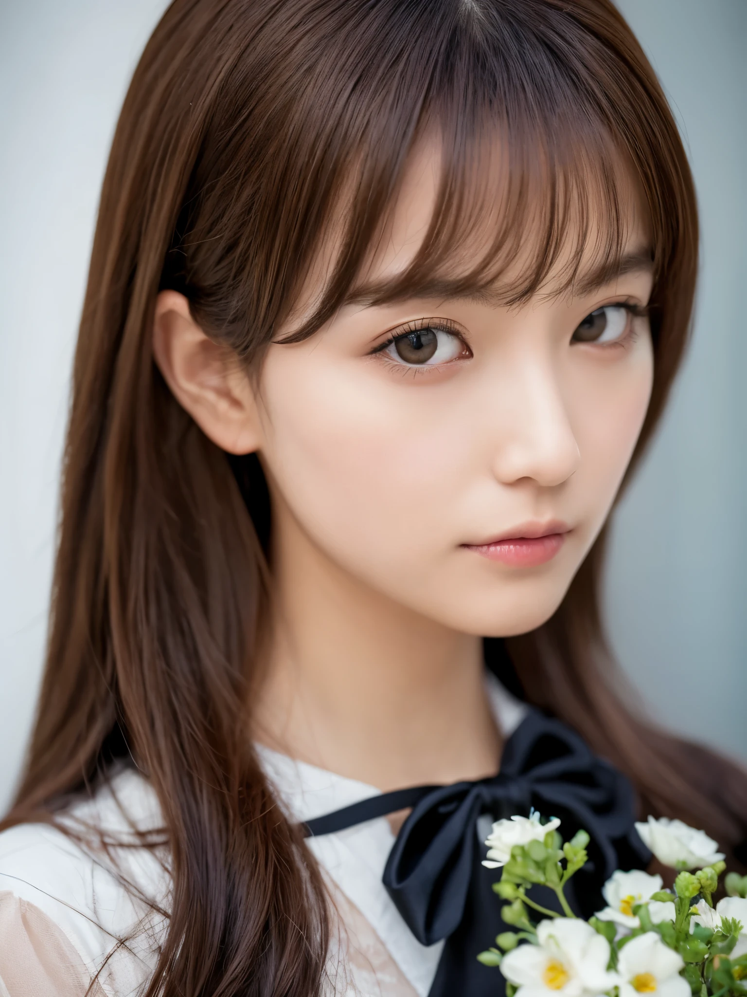 (Best Quality Detail:1.2), realisitic, 8K UHD, high resolution, Fuji Film(Medium format), Hasselblad, Carl zeiss, Incredible dynamic range photography(UTIL_Art by Smoose-768:1.1), (1girl in:1.2), The ultra-detailliert, High quality textures, intricate detailes, detaileds, Very detailed CG, High quality shadows, Detail Beautiful delicate face, Detail Beautiful delicate eyes, depth of fields, Ray traching, 30 years old, Pretty Japanese Girl, Slender face, Glossy lips, glow eyes, perfect body, look at viewer, (Jewelry Accessories), (Eye color brown), (Bright red flower hair ornament), (White long hair), (Layered Hair Style), (Black Gothic ta), White flowers bloom all over the wall