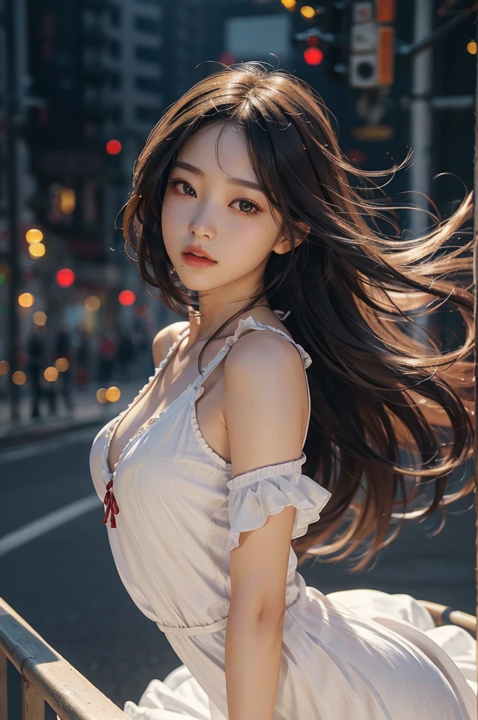 (RAW photo, Best quality), (Realistic, photo-realistic:1.3), Best quality, Highly detailed, Masterpiece, Ultra-detailed, illustration, 1girll, The upper part of the body_Body, Dynamic Angle, world mastery theater, Messy_Long_Hair,Best quality, extremely detailed CG unity 8k壁纸,ink,astounding,nightdress,电影灯光,lens
