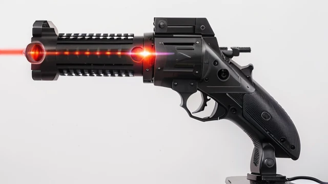 a close up of a gun with a red light on it, sci - fi weapon, futuristic gun, laser rifle, laser gun, a laser rifle, futuristic pistol, futuristic weapon, futuristic weapon shotgun, plasma gun, gauss rifle, realistic gun design, realistic weapon, realistic gun, firing laser rifle, realistic detailed revolver, laser rifles, laser guns