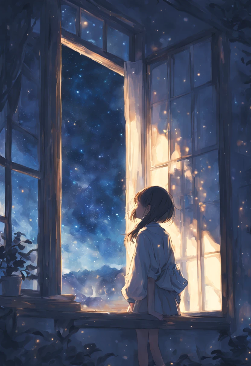 Rear view of a girl leaning against the window and lost in thought、((looking at the night sky through the window))