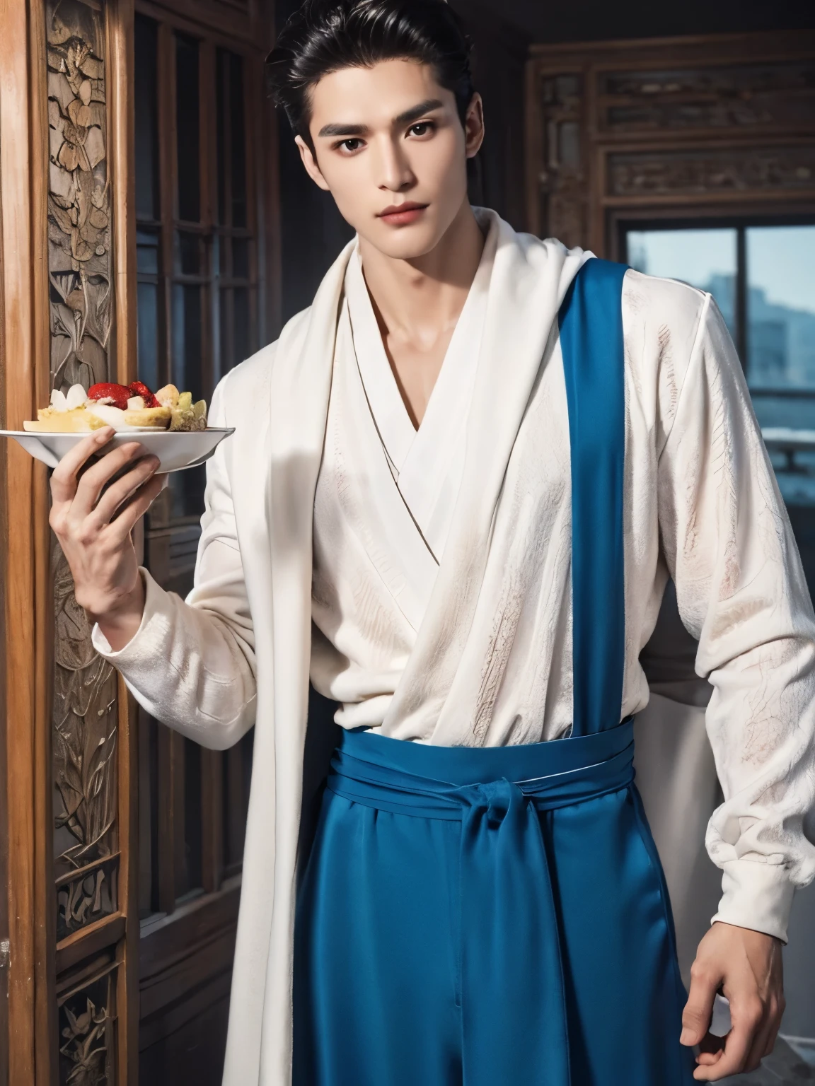  (male character design），（Messy white flying long hair：1.2）, （Affectionate Chinese handsome guy Lan Ling looks into the camera），（Pan An’s outfits for modern and fashionable men&#39;s blue sweater suit pants：1.37），Pan An’s skin is fair and flawless，The bridge of his nose is high and straight，(long,Messy shawl hair：1.1），（double eyelids, Bright Eyes, Big clear and bright eyes），sad prince，Food with red lips and white teeth，gentle melancholy，Pan An is tall and tall.，He has a strong physique，Toned muscles，Fresh and toned abs, His exquisite facial features，Kingly style， （Main color blue：0.8）