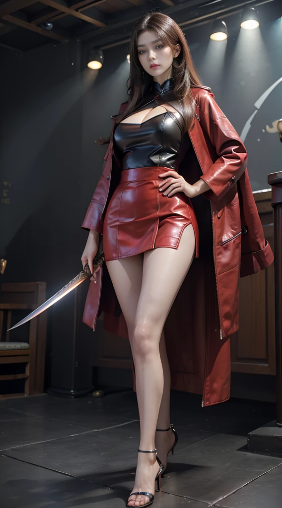 (best quality, 10, Masterpiece :1.3), (realistic, ภาพrealistic: 1.37), (1 girl), (Beautiful women between the ages of 18-20), (thin), (Focus on the slender abdomen.. :1.3), (Korea), (pastel leather jacket, Long red leather cloak, Long red leather coat, white leather skirt, short leather skirt, Emphasize her legs., High groove,), (รองเท้าHeel Height), (Random pose), Huge breasts, exposed cleavage, ((dark brown hair, long hair)), exquisite face, Open the show, Fantasy, Slender figure, Very smooth face, Good eyes, Double eyelids, (long hair, Random hairstyles), (big girl :1.3), (outdoor), (Extraordinarily detailed face), (Detailed eyes), (Double eyelids), (Eyeshadow makes eyelashes look thicker.......), obscure, (Long legs, Heel Height), (((Whole body))), (professional lighting), (Photon mapping), (Radiation), holding a sword, large sword (Look directly at the audience.....)