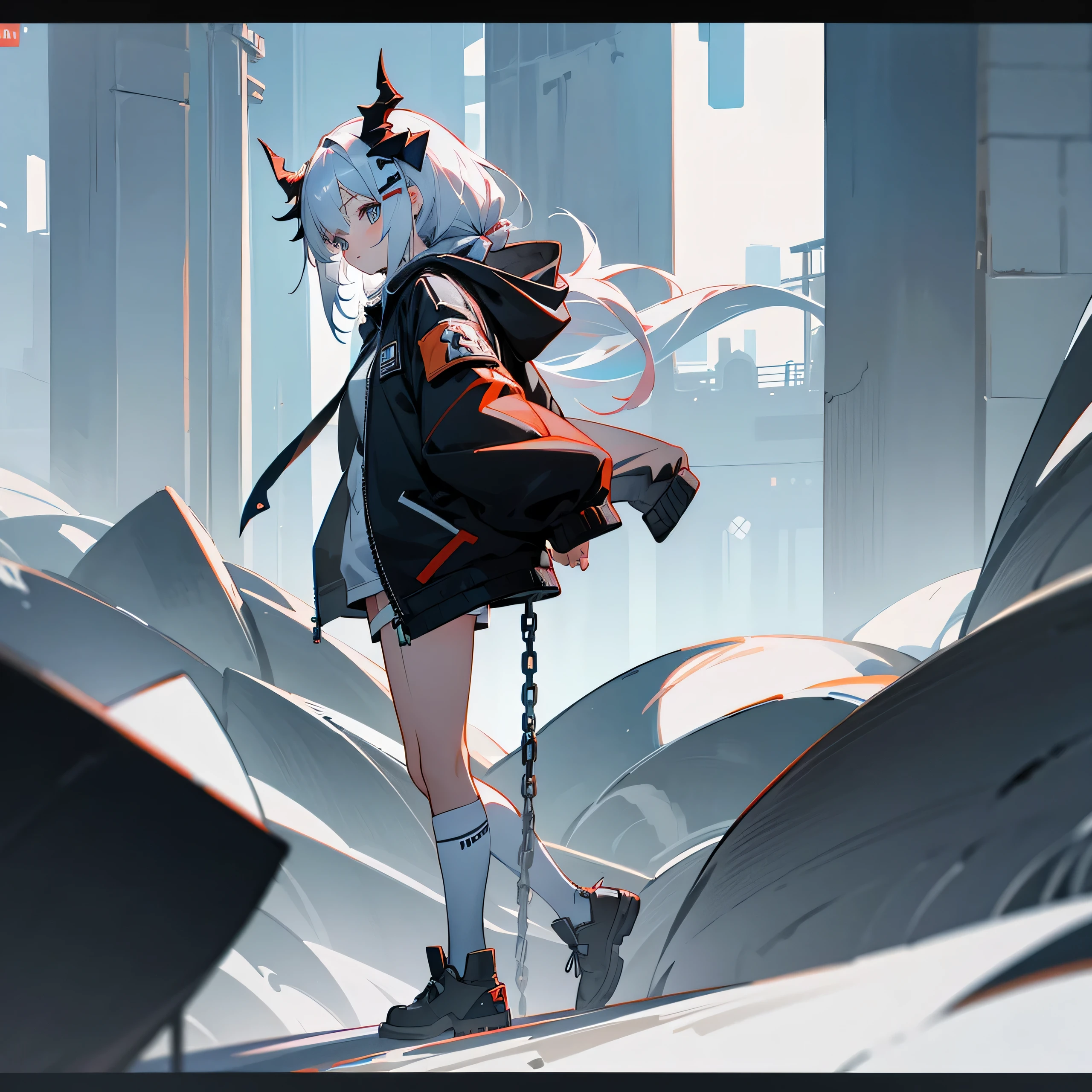 1girl, jacket, outdoor, hoodie, open jacket, chain,cute, kawai, looking at another, trending on artstation, 8k resolution, highly detailed, anatomically correct, sharp image, digital painting, concept art, trending on pixiv, soft femenine colors ,monocromatic colors, black and white, attractive aspect, hot look, arknights looks, arknights anime, ram horns 