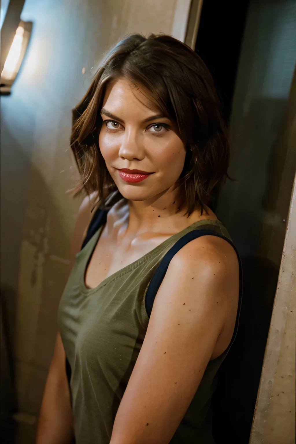 Imagem linda e fiel de Maggie do seriado The walking dead (Lauren Cohan), she's looking forward, olhos lindos expressivos e detalhados, olhar fixo e penetrante, imagem EXTREMAMENTE detalhada, 8k, Filmes, she is happy, she has a smile with her lips, she smiles until the corners of her mouth, Red lips, red lipstick on lips, ela usa roupa fiel a da Maggie. She is inside a curved concrete structure (tunnel) and highly dystopian, com luz solar refletindo por dentro. Ela usa uma bota militar. She is standing with her hands on her hips, imagem de corpo inteiro
