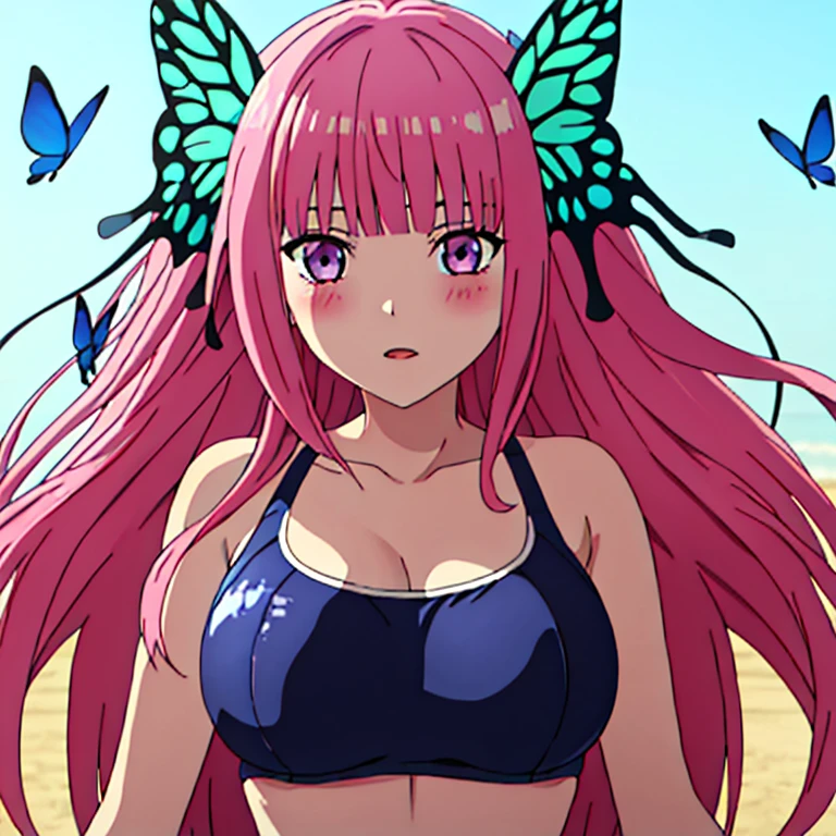 best quality, very aesthetic, Super detailed, best illustration, 1girl, one-piece swimsuit, bangs, pink_hair, blunt_bangs, hair_ornament, butterfly_hair_ornament, ribbon, black_ribbon, blue_eyes, blush, hair_ribbon, twintails, long_hair, nino