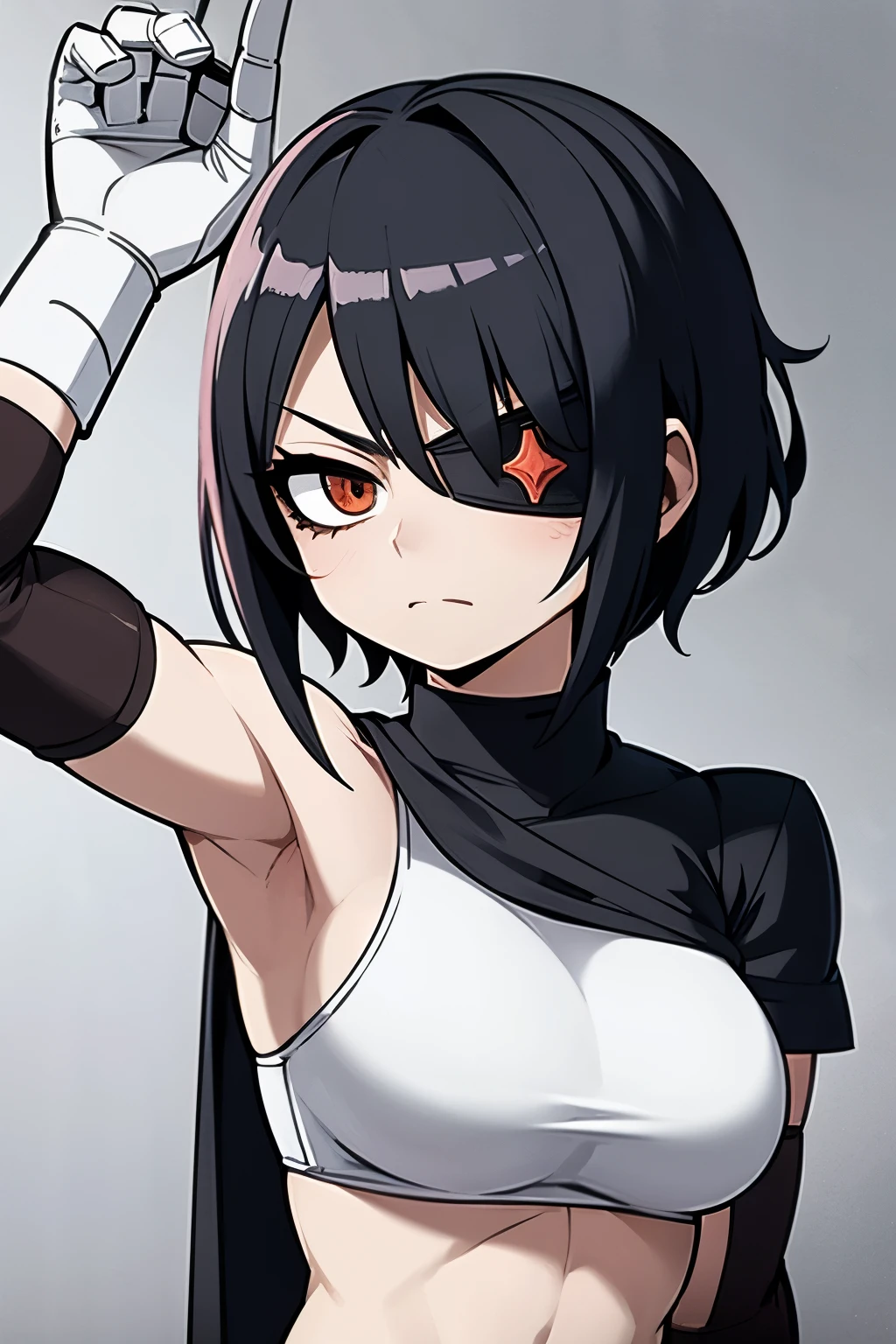 Anime style image of a girl with short black hair, she has an eyepatch covering her left eye, she is muscular, and her right arm is wrapped in white bandages and she wears a schoolgirl uniform. Her arm is bandaged.