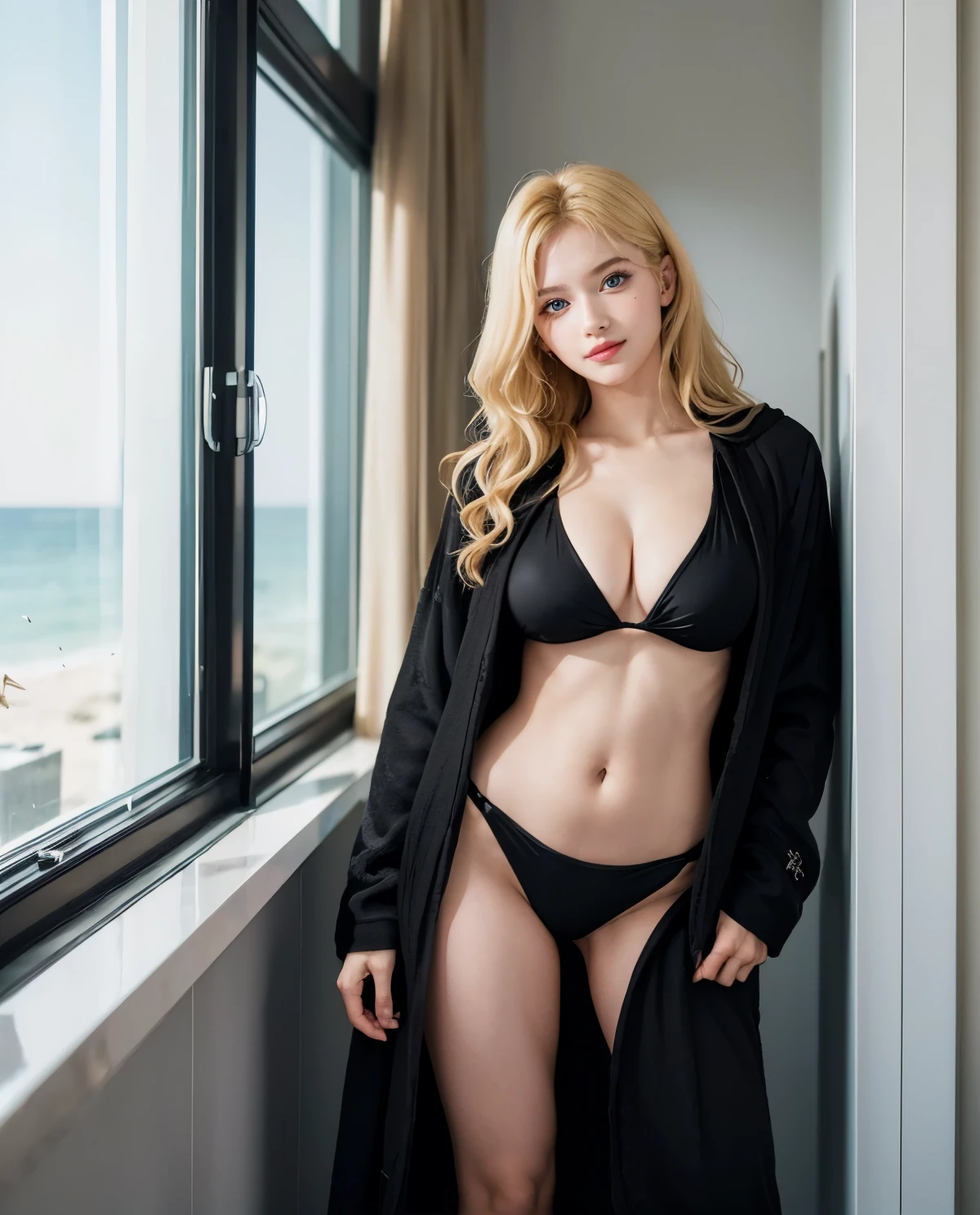 1girl, Blue eyes, (smiling), (Sana Minatozaki), wide hips, Big , big ass, st Quality, 8k, Masterpiece: 1.3), perfect hands, Clear Focus: 1.2, Perfect Body Beauty: 1.4 , Strongs Abs: 1.2, Highly detailed face and skin texture, detailed eyes, double eyelids, (blonde long hair), (black bathrobe :1.3), standing, dynamic pose, in hotel room, windows whit beach in the background