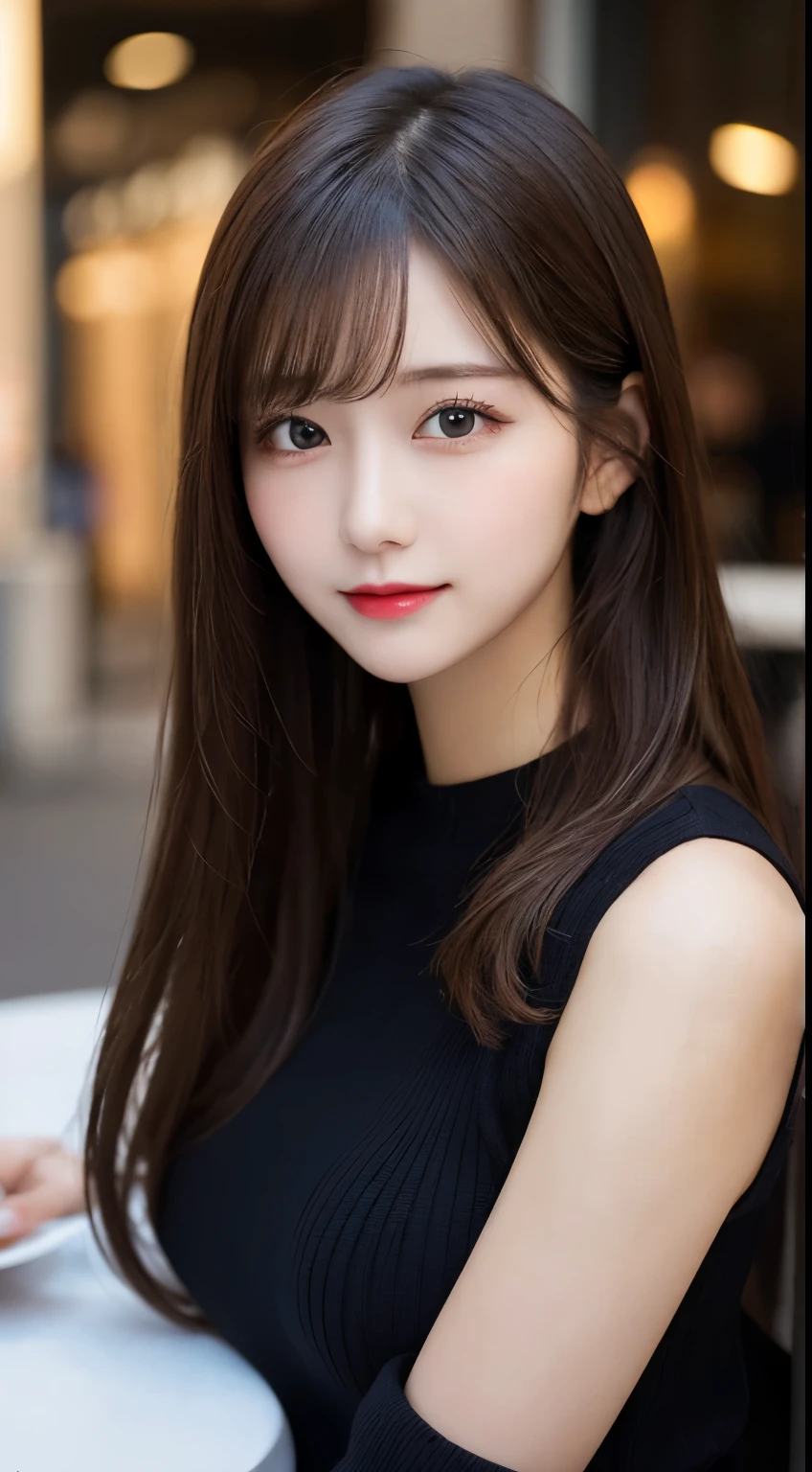 table top, highest quality, shape, Super detailed, finely, High resolution, 8k wallpaper, 完璧なダイナミックな構shape, beautiful and detailed eyes, elegant winter clothes,medium hair,small breasts natural color lip, bold sexy pose,smile、20 year old girl、cute、Sexy looking at camera,night,beautiful and detailed face,elegant face,perfect and beautiful face,Slim face and body,spread your arms wide、background blur