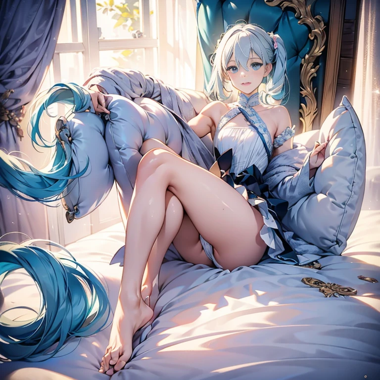hatsune Miku、(ultra Realistic), (An illustration), (Highres), (8K), (highlydetailed), (the best illustration), (Beautiful Detailed Eyes), (beste Quality), (Super Detailed), (Master peace), (Wallpapers), (Detailed Face), solo, 1girl, Aristocratic dresses、White hair, Iris heterochromatic eyes, small moles under eye, medium chest, Long legs,Stunning composition,Foot braids,Beautiful and detailed legs
