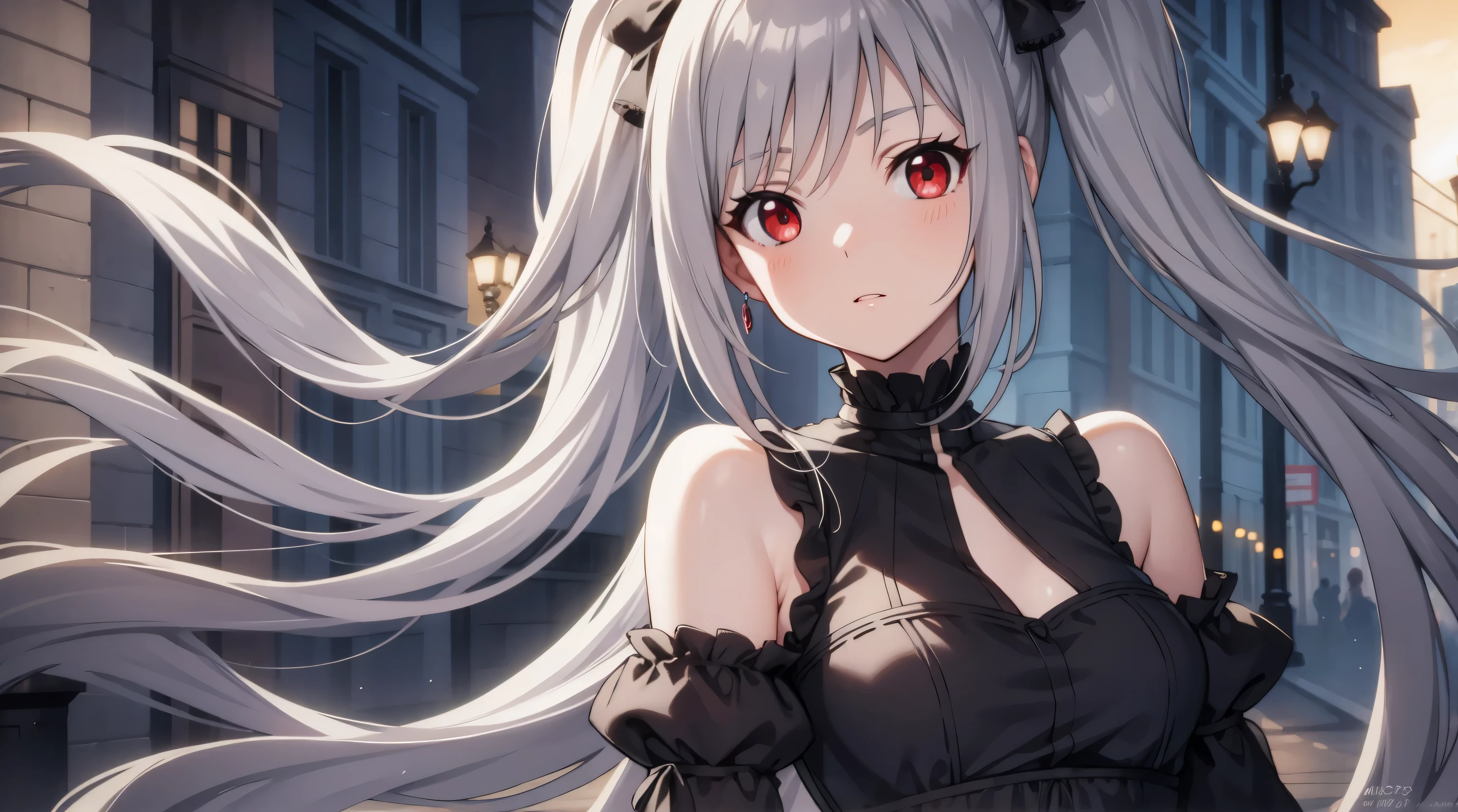 rankokanzaki, ranko, (drill hair:1.5), grey hair, long hair, pale skin, (red eyes:1.5), twin drills,
BREAK black dress, dress, gothic, gothic fashion, neck garter,
BREAK outdoors, city,
BREAK looking at viewer,
BREAK (masterpiece:1.2), best quality, high resolution, unity 8k wallpaper, (illustration:0.8), (beautiful detailed eyes:1.6), extremely detailed face, perfect lighting, extremely detailed CG, (perfect hands, perfect anatomy),