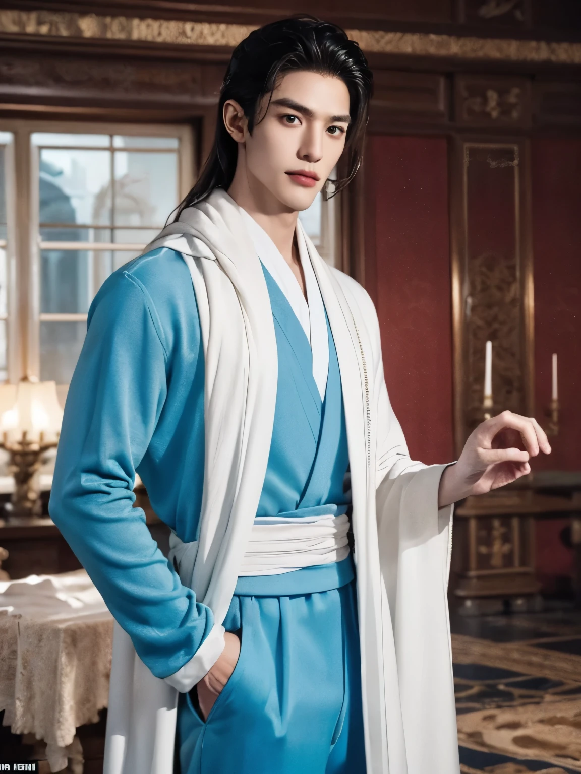  (male character design），（Messy white flying long hair：1.2）, （Affectionate Chinese handsome guy Lan Ling looks into the camera），（Pan An’s outfits for modern and fashionable men&#39;s blue sweater suit pants：1.37），Pan An’s skin is fair and flawless，The bridge of his nose is high and straight，(long,Messy shawl hair：1.1），（double eyelids, Bright Eyes, Big clear and bright eyes），sad prince，Food with red lips and white teeth，gentle melancholy，Pan An is tall and tall.，He has a strong physique，Toned muscles，Fresh and toned abs, His exquisite facial features，Kingly style， （Main color blue：0.8）