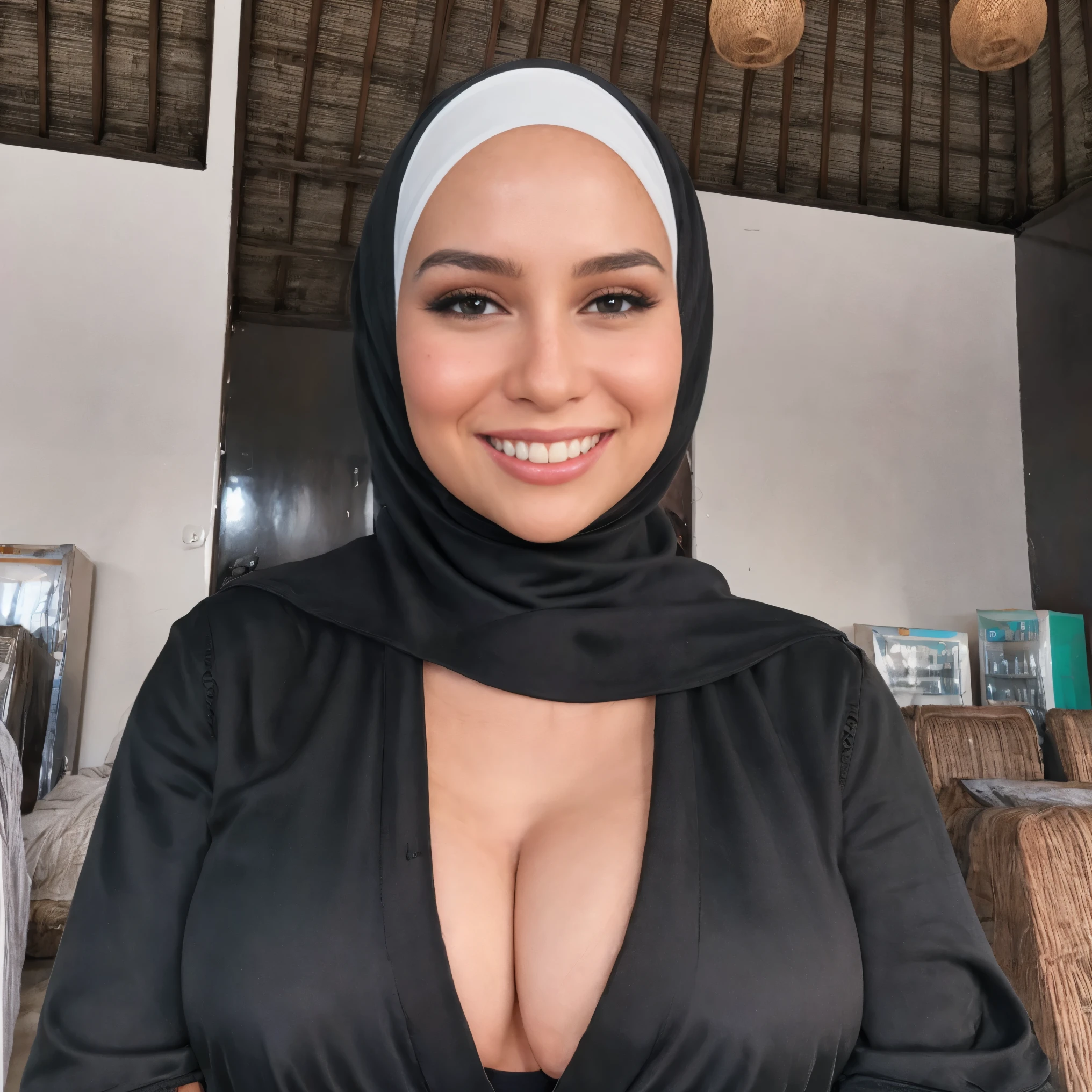 46 years old, Indonesian Mature woman, mature age woman, Hijab, Wearing Tight Clothes, Huge Natural Breast, casual Pose, Smiling face, Professional Photoghraphy, work By Master Of Photoghraphy, At studio photo, High realistic Light, Deep photo, Full body shot, 32K Best Quality photo, Realistic Photo