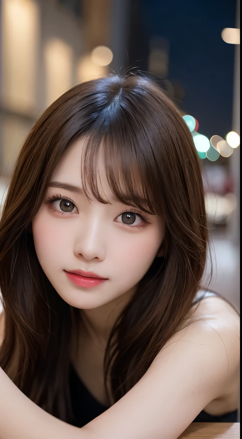 table top, highest quality, shape, Super detailed, finely, High resolution, 8k wallpaper, 完璧なダイナミックな構shape, beautiful and detailed eyes, elegant winter clothes,medium hair,small breasts natural color lip, bold sexy pose,smile、20 year old girl、cute、Sexy looking at camera,night,beautiful and detailed face,elegant face,perfect and beautiful face,Slim face and body,spread your arms wide、background blur