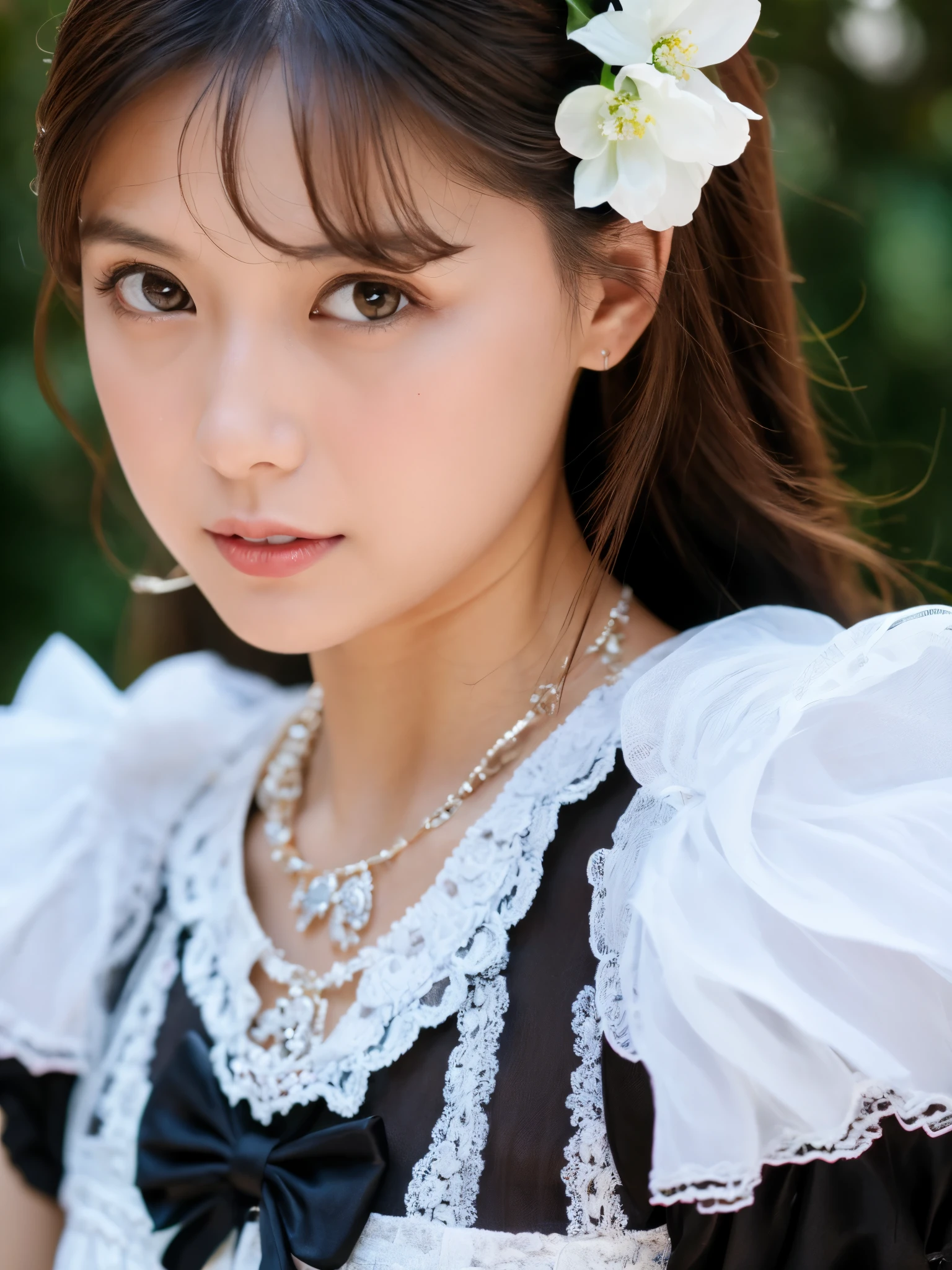(Best Quality Detail:1.2), realisitic, 8K UHD, high resolution, Fuji Film(Medium format), Hasselblad, Carl zeiss, Incredible dynamic range photography(UTIL_Art by Smoose-768:1.1), (1girl in:1.2), The ultra-detailliert, High quality textures, intricate detailes, detaileds, Very detailed CG, High quality shadows, Detail Beautiful delicate face, Detail Beautiful delicate eyes, depth of fields, Ray traching, 30 years old, Pretty Japanese Girl, Slender face, Glossy lips, glow eyes, perfect body, look at viewer, (Jewelry Accessories), (Eye color brown), (Bright red flower hair ornament), (White long hair), (Layered Hair Style), (Black Gothic Lolita), White flowers bloom all over the wall