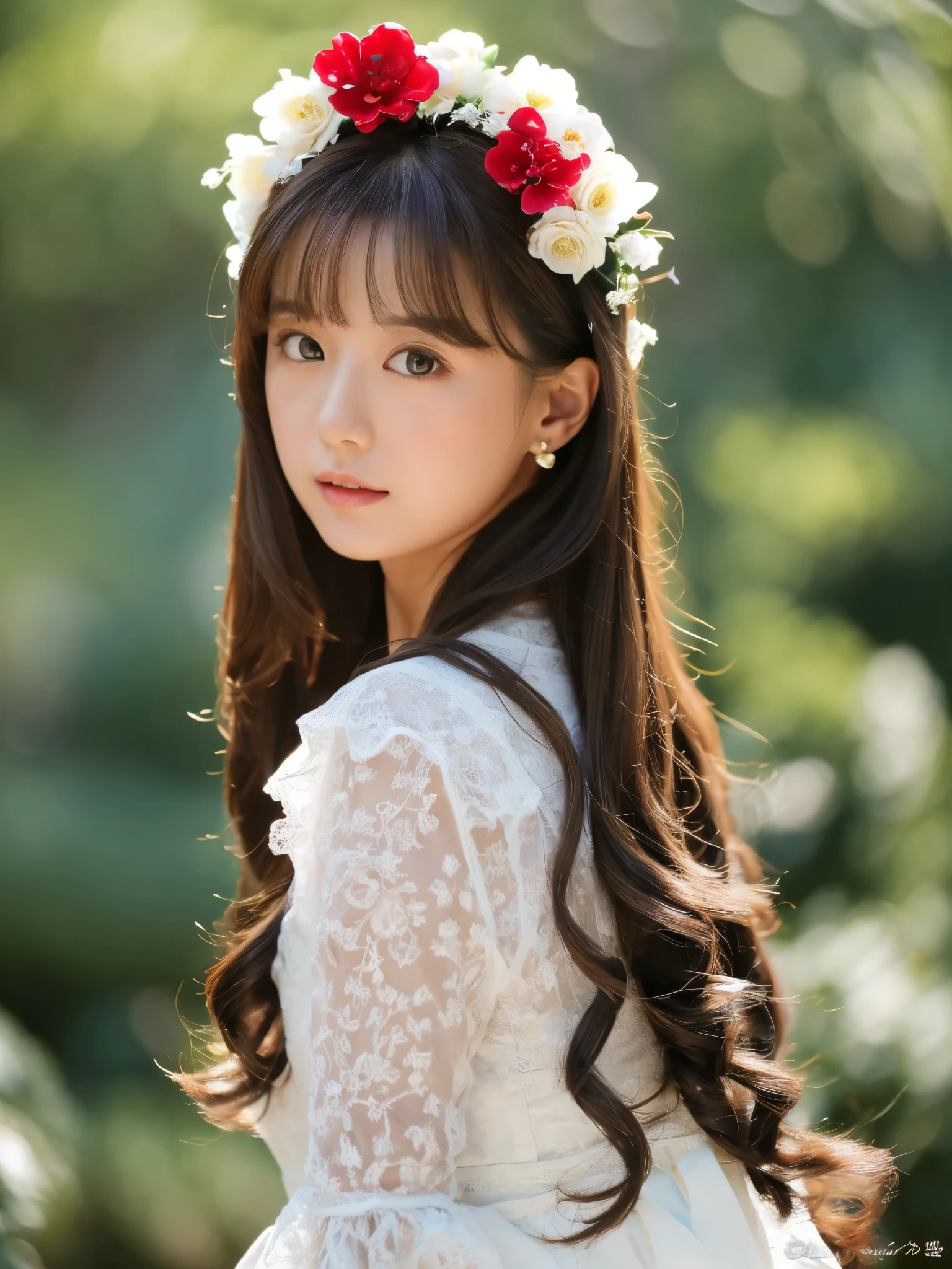 (Best Quality Detail:1.2), realisitic, 8K UHD, high resolution, Fuji Film(Medium format), Hasselblad, Carl zeiss, Incredible dynamic range photography(UTIL_Art by Smoose-768:1.1), (1girl in:1.2), The ultra-detailliert, High quality textures, intricate detailes, detaileds, Very detailed CG, High quality shadows, Detail Beautiful delicate face, Detail Beautiful delicate eyes, depth of fields, Ray traching, 30 years old, Pretty Japanese Girl, Slender face, Glossy lips, glow eyes, perfect body, look at viewer, (Jewelry Accessories), (Eye color brown), (Bright red flower hair ornament), (White long hair), (Layered Hair Style), (Black Gothic ta), White flowers bloom all over the wall