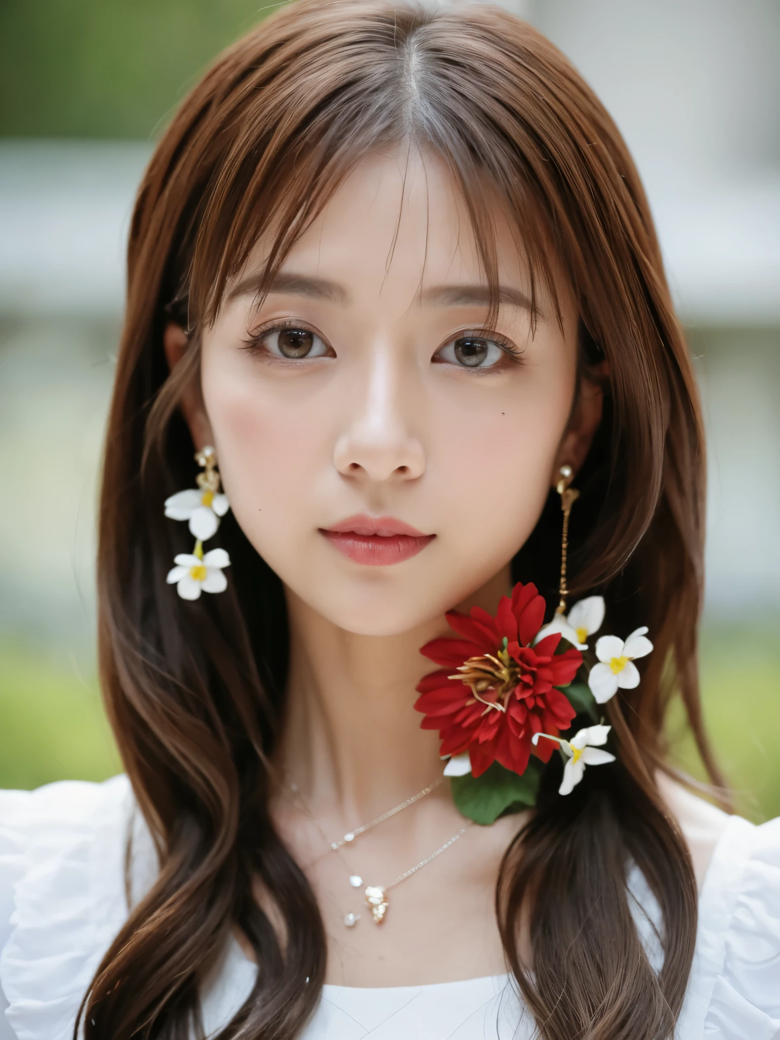 (Best Quality Detail:1.2), realisitic, 8K UHD, high resolution, Fuji Film(Medium format), Hasselblad, Carl zeiss, Incredible dynamic range photography(UTIL_Art by Smoose-768:1.1), (1girl in:1.2), The ultra-detailliert, High quality textures, intricate detailes, detaileds, Very detailed CG, High quality shadows, Detail Beautiful delicate face, Detail Beautiful delicate eyes, depth of fields, Ray traching, 30 years old, Pretty Japanese Girl, Slender face, Glossy lips, glow eyes, perfect body, look at viewer, (Jewelry Accessories), (Eye color brown), (Bright red flower hair ornament), (White long hair), (Layered Hair Style), (Black Gothic Lolita), White flowers bloom all over the wall